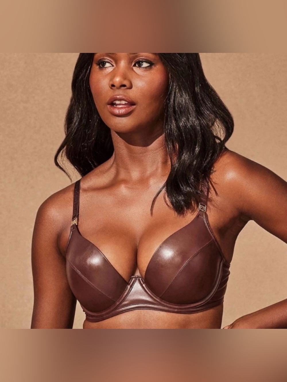 Honey Birdette Emily Deep Mahogany Faux Leather Push-Up Padded Bra 34C Brown